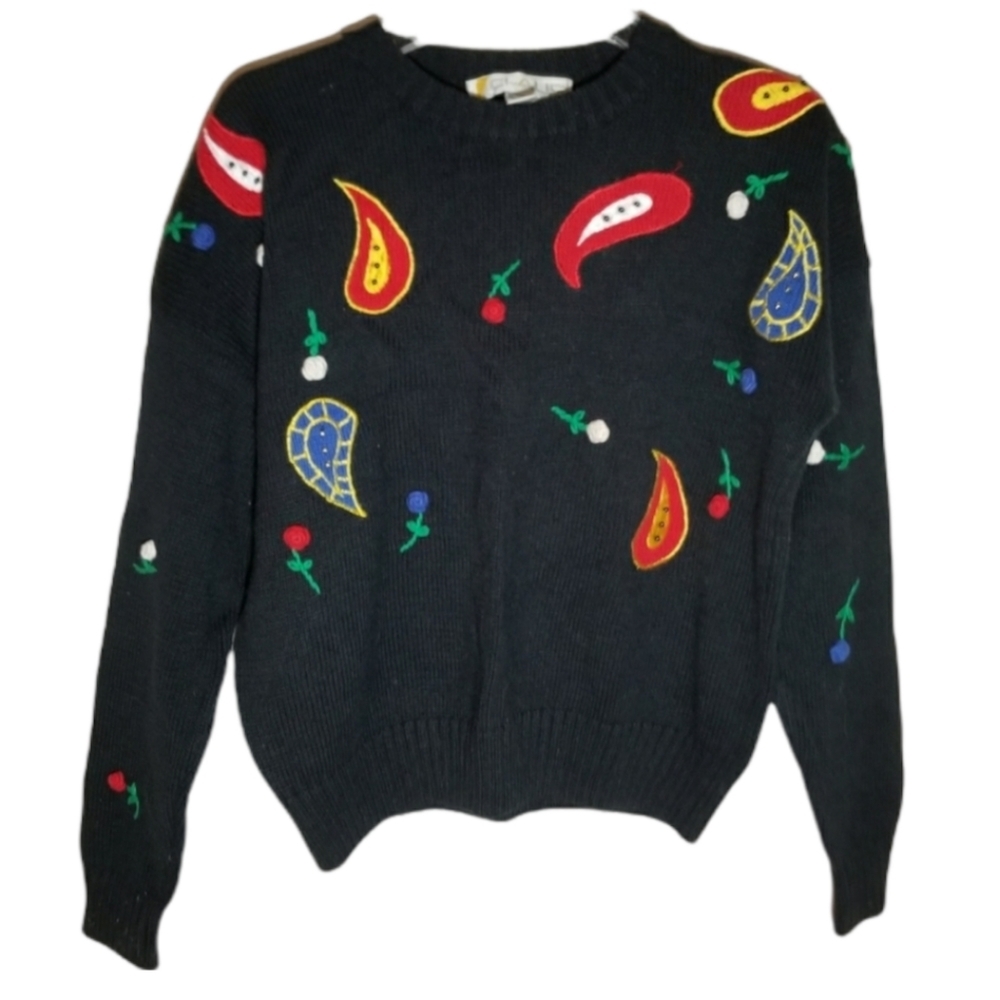 VTG 80s/90s Chaus black/Roses longsleeve Sweater - Picture 16 of 16